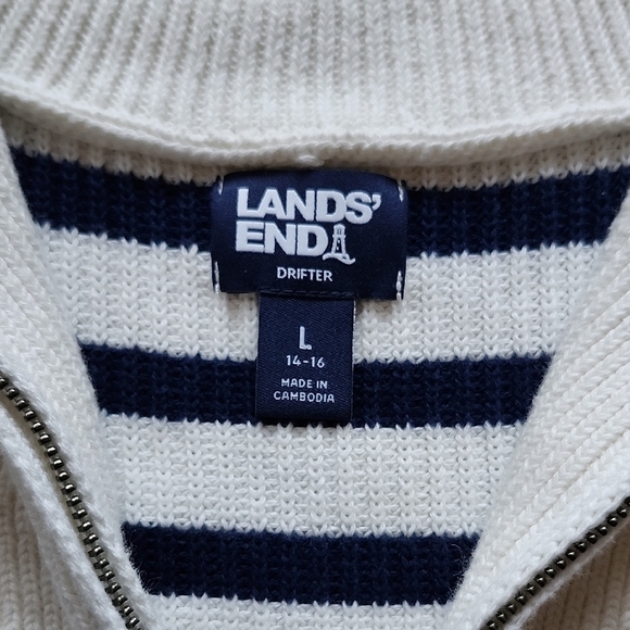 Land's End Cotton 1/4 Zip Navy and White Stripes Women's Sweater Size L - Picture 2 of 8